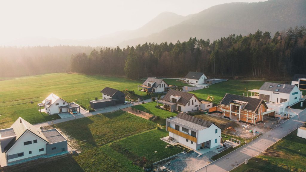 Aerial view of rural neighborhood homes